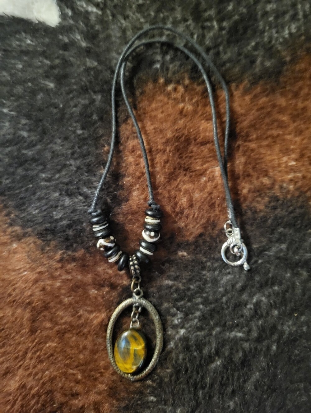 Handcrafted Tigers Eye Pendant Necklace Textured Oval Cord with Tribal Beads